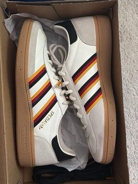 adidas White Sneakers with Red, Yellow & Black Stripe Accents
